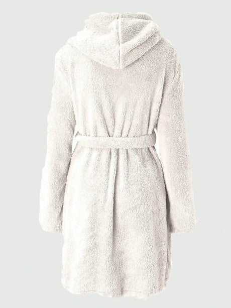 1 piece of women's solid color hooded robe with belt, cozy and warm fleece pajamas for home wear in autumn and winter.