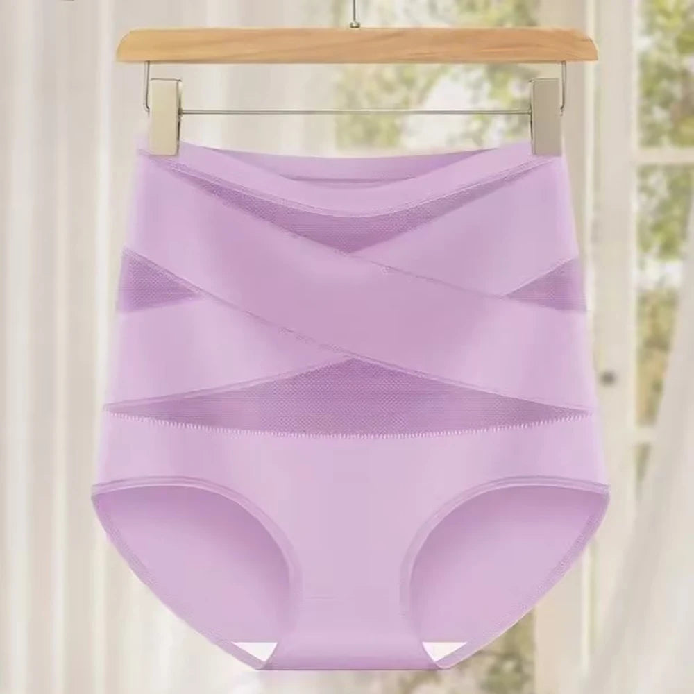 4pcs High Waisted Women's Panties Breathable Tummy Control Shapewear Mesh Cross Tummy Cinching Ice Silk No Trace Triangle Panties Tummy Tuck Shape
