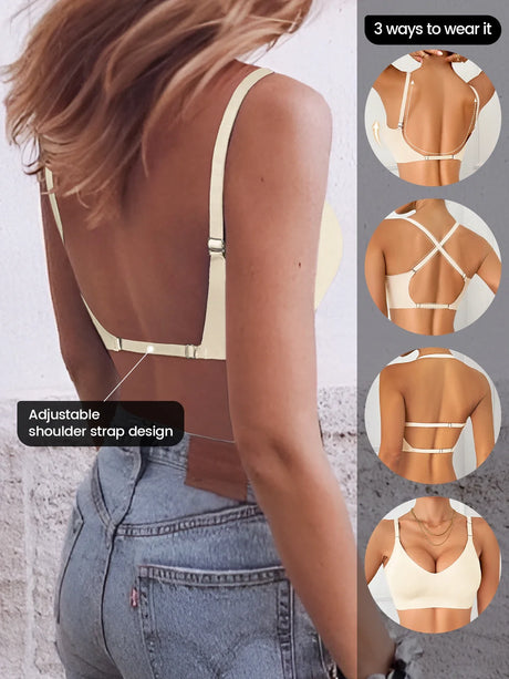 Women Invisible Bra Deep U Plunge Bras Backless Top for Dresses Sexy Lingerie with Transparent Strap Push Up Strapless Underwea