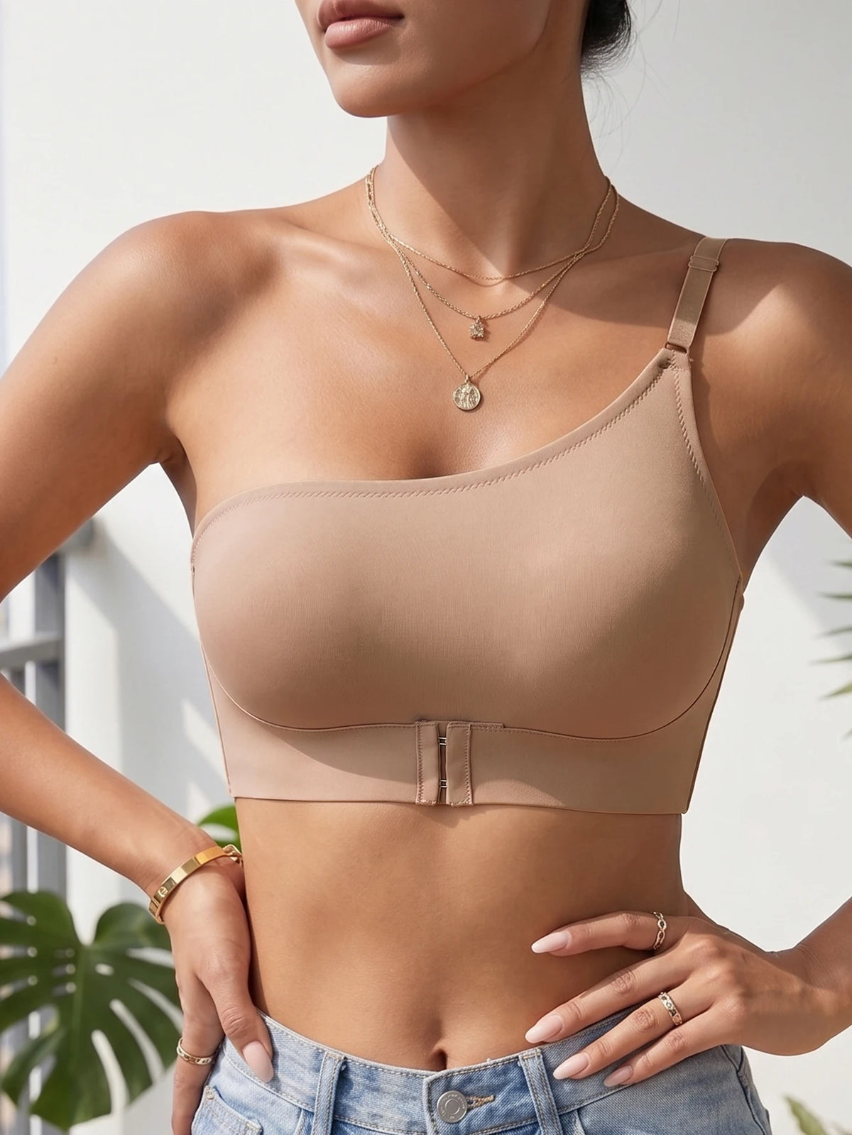 Summer Solid One Shoulder Wireless Women Bra Bralette Front-Clasp Push up Bra Comfort Unpadded Off Shoulder Bras