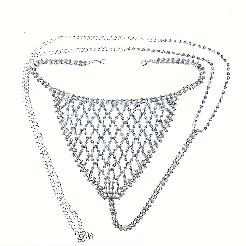 Women Bling Rhinestone Bikini Body Chain Set Sparkly Crystal Mesh Lingerie 2 Piece Halter Triangle Bra Panty Club Party Outfit