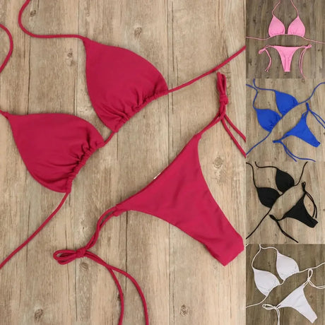 Solid Red String Bikini Set Halter Neck Triangle Top Side Tie Thong Bottom Women Summer Beach Swimwear