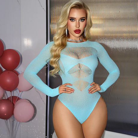 Sexy Rhinestone Long Sleeve Bodysuit for Women Hollow Out Mesh Lingerie Crystal See Through Fishnet Bodystocking Exotic Apparel