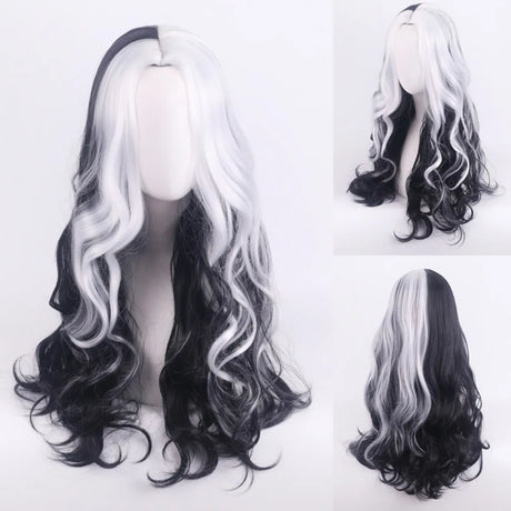Cosplay Halloween Party Wigs CRUELLA Deville De Vil Black White With Bangs Short Bob Hair for Women Heat-Resistant Synthetic Wig