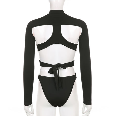 Women Bodysuits Long Sleeve High Neck Cut Out Leotard Body Top Y2K Gothic Club Shirts Summer Fall Streetwear