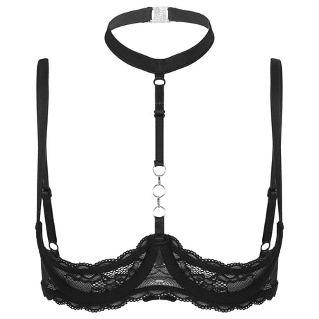 Womens 1/4 Cups Underwire Bra Halter Neck O Ring See Tthrough Lace Push Up Brassiere Sexy Lingerie Breast Open Bras Underwear