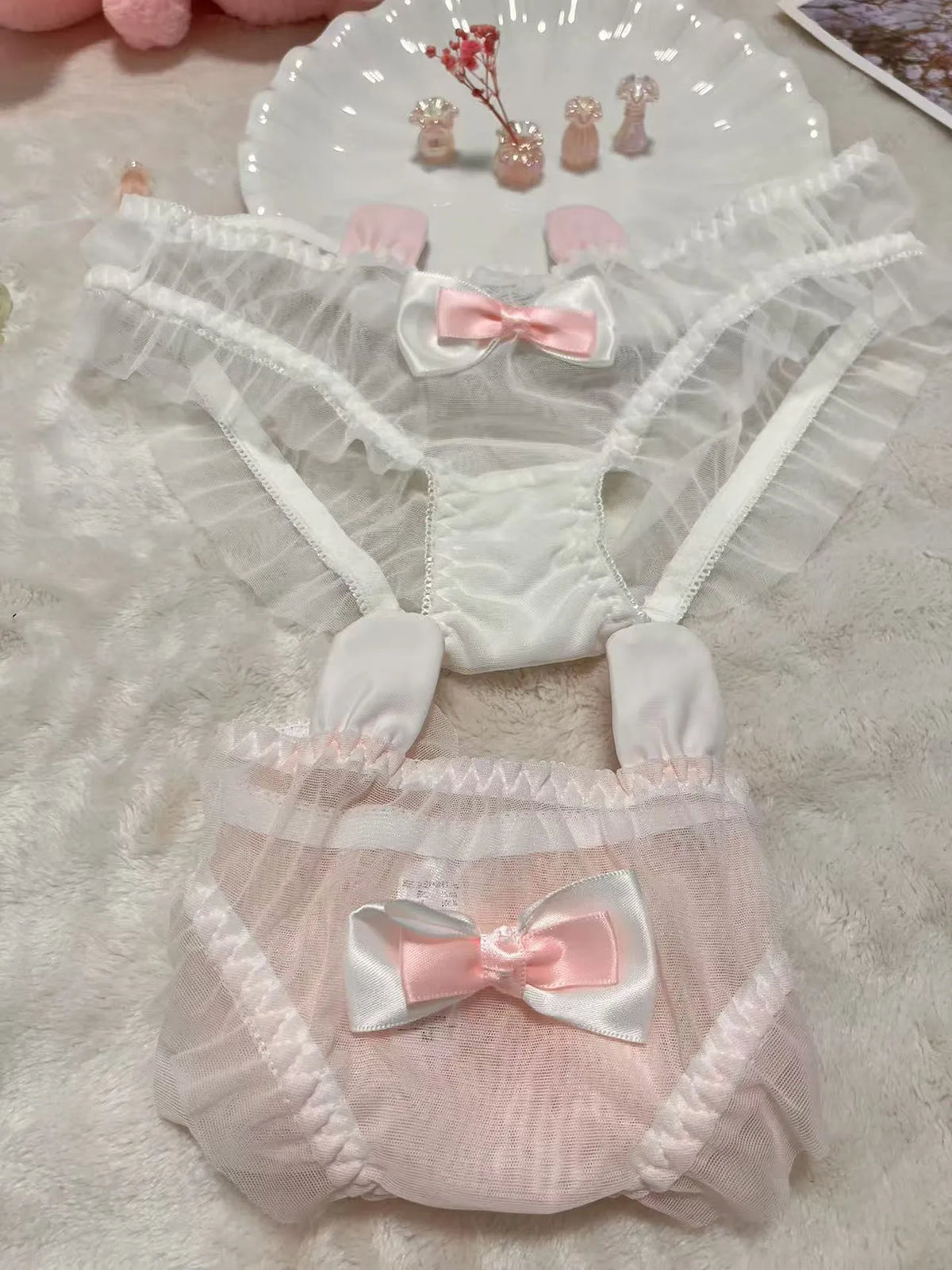 Cute Knot Lace Pink Rabbit Sexy Pure Desire Net Panties Low Waist Breathable Quick Dry Comfortable Un...