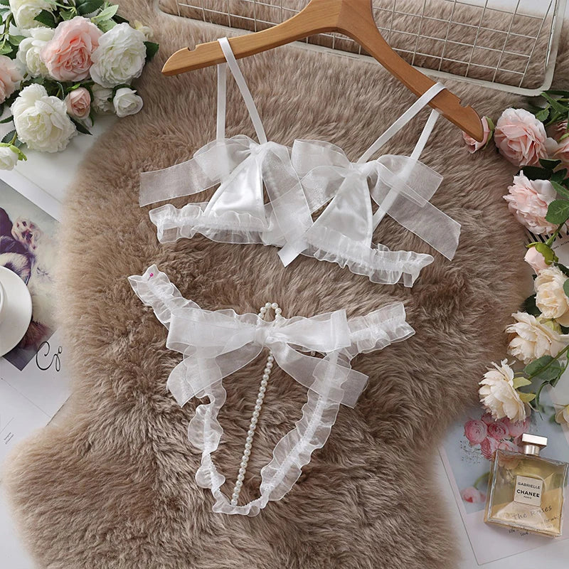 Erotic Lingerie Sexy Bra Pearl Bow Exposed Breast Panty Ribbon Underwear Set Woman Clothing Attractive Open Chest G-string Sets
