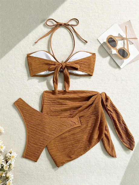 Metal Starfish Brown Bandeau Bikinis Sets 3 Pieces Sexy Swimsuit Cover Up Women 2026 Holiday Swimwear High Cut Bather Beach Wear