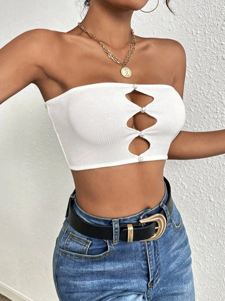 Women's White Strapless Tube Crop Top Ribbed Knit Cutout with Pearl Detail Bandeau