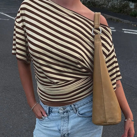 2026 New Autumn Women Vintage Striped Off Shoulder T-shirt Waist Cinching Slim Fit Daily Wear Ladies Tops