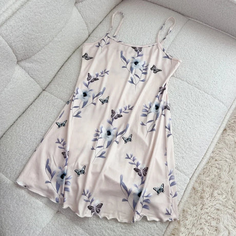 Summer Women Satin Sleepdress Cute Teddy Bear Butterfly Heart Floral Pinting Sleepwear Ladies Sexy Sling Ruffled Hem Loungewear