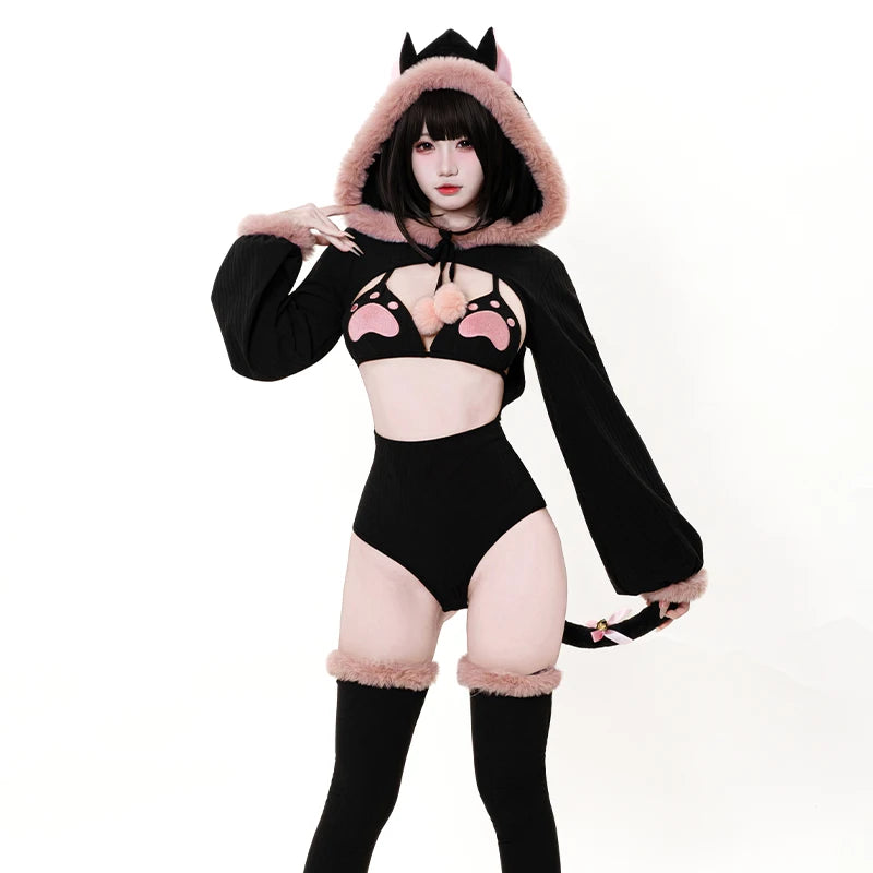SENMHS Original Japanese Sweet Lolita Cat Girl Cosplay Set Women Kawaii Cat Paw Bikini with Hooded Bodysuit Photo Shoot Hallowee