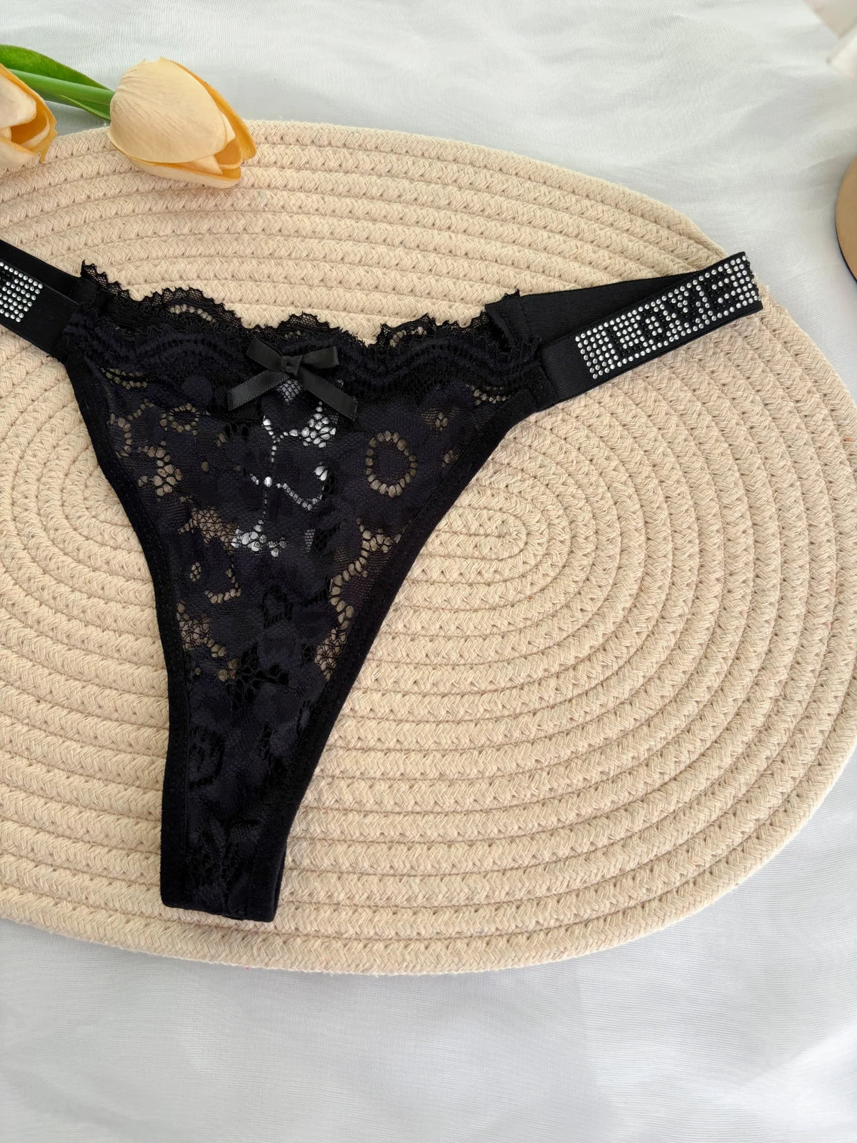 Custom Rhinestone Letter Name Thong Sexy Lace Panties Low-Rise Crystal Letter G-string Personalized Gift Wife Lover Anniversary