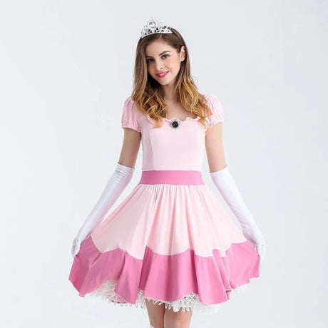 Carnival Halloween Lady Peach Princess Queen Costume Birthday Party Pink Dress Outfit Cosplay Fancy Party Dress