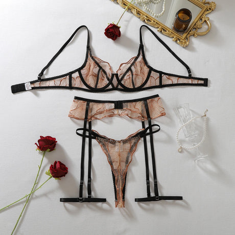 Diccvicc Sexy Bronze Embroidery Lingerie Set Sheer Mesh Contrast Black Harness Bra Garter Belt Women Elegant Intimate Underwear