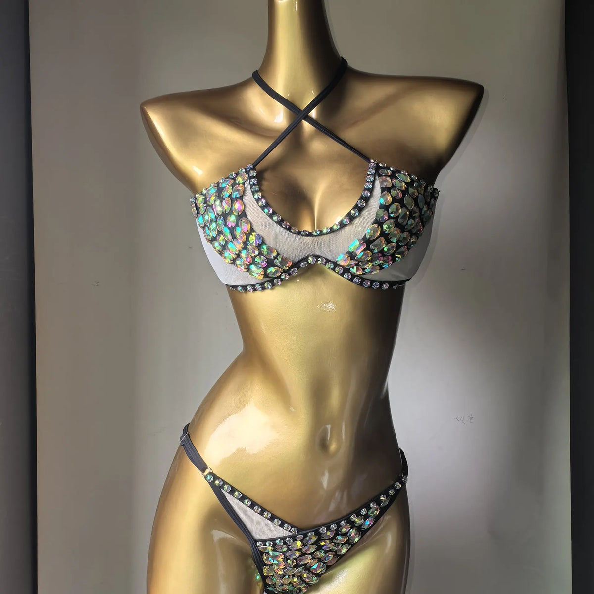 Rhinestone Beaded 2 Pcs Bikini Set Underwire Mesh Side Tie Bikini Women Luxury Crystal Sparkle Beach Festival Rave Bathing Suit