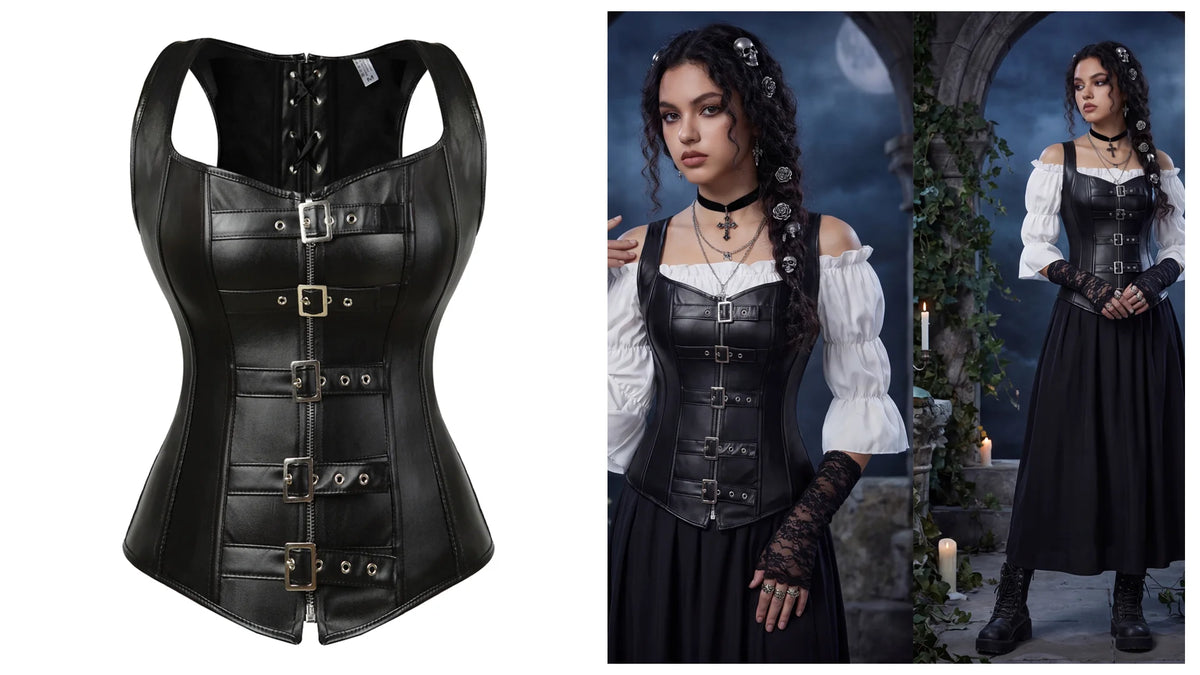 Women Corset Bustier Steampunk Zipper Corset Top Black Leather Corset With Straps