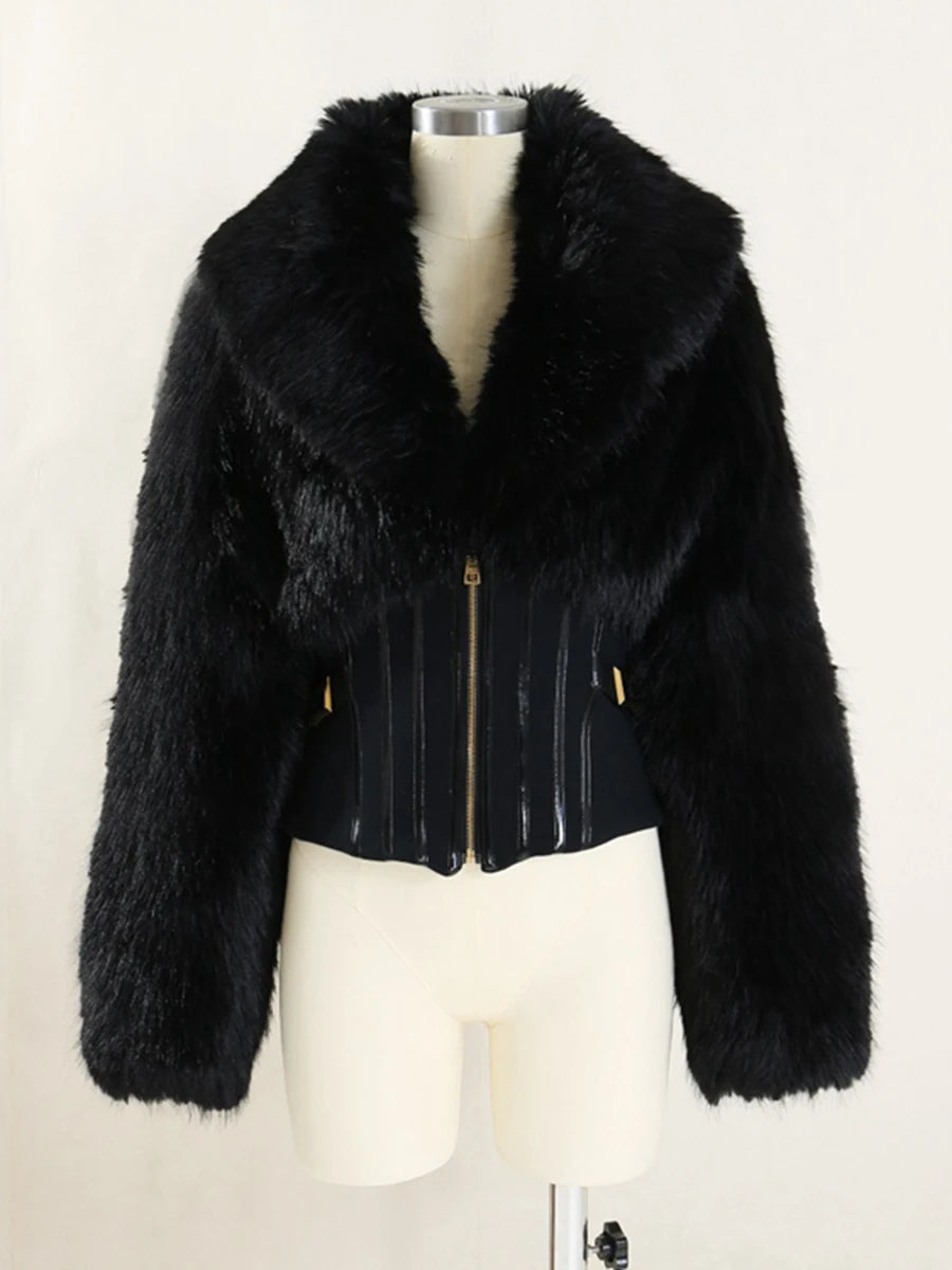 TWOTWINSTYLE Black Slimming Spliced Zipper Jackets for Women Lapel Long Sleeves Tunic Patchwork Fur Fashion Jacket Female New