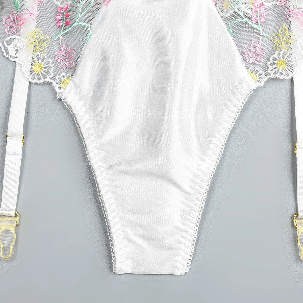 New White Floral Embroidery Fairy Lingerie Sets Transparent Mesh Patchwork Underwear Garter Intimate Panties Erotic Suits