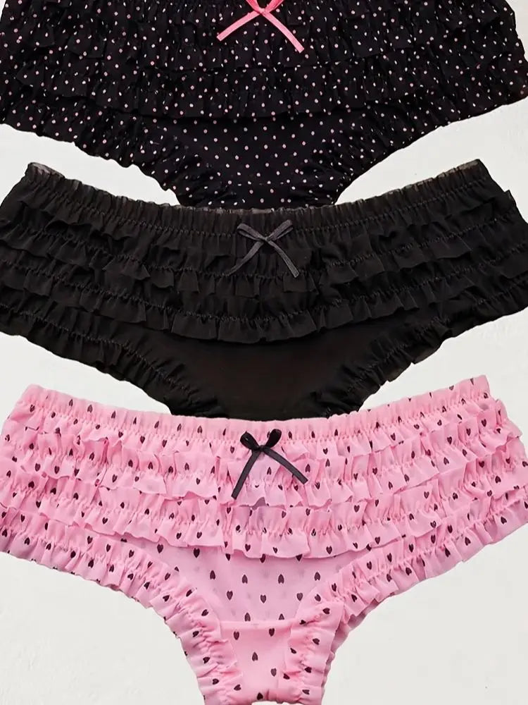 4PCS Cute dot small floral patterns sweet knitted fabric with lace stitching Women's low waist brief Seamless breathable fa