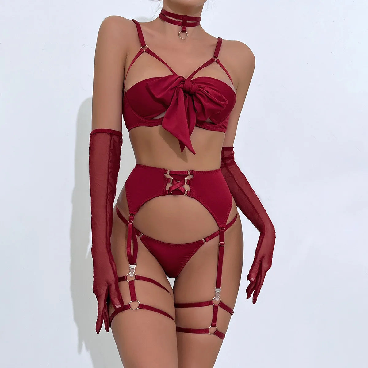 Cupless Lingerie Set Silk Bra Thigh Straps 3Piece Satin Bowknot Erotic Underwear for Women