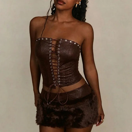 Elegant Sleeveless Slim Mini Skirt Outfits Sexy Strapless Bandage Lace-Up Vest & Skirt Set Women Fashion Fur Splicing Solid Suit