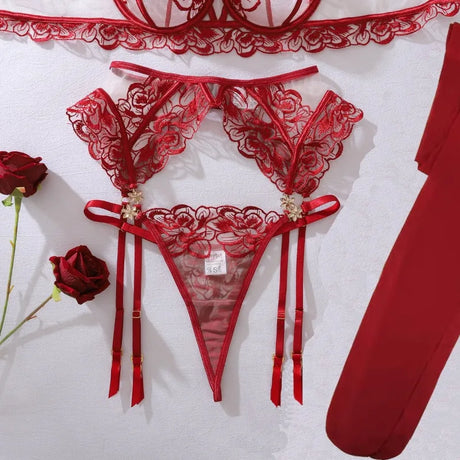 Women's Burgundy Lace Lingerie Set Underwire Bra Thong Panty Garter Straps Stockings Floral Embroidery Sexy Underwear Outfit