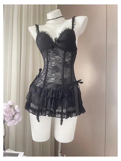French Sexy Lace Nightdress Summer Women's Corset Gather Suspenders Pajamas with Chest Pads See Through Mesh Lace Loungewear
