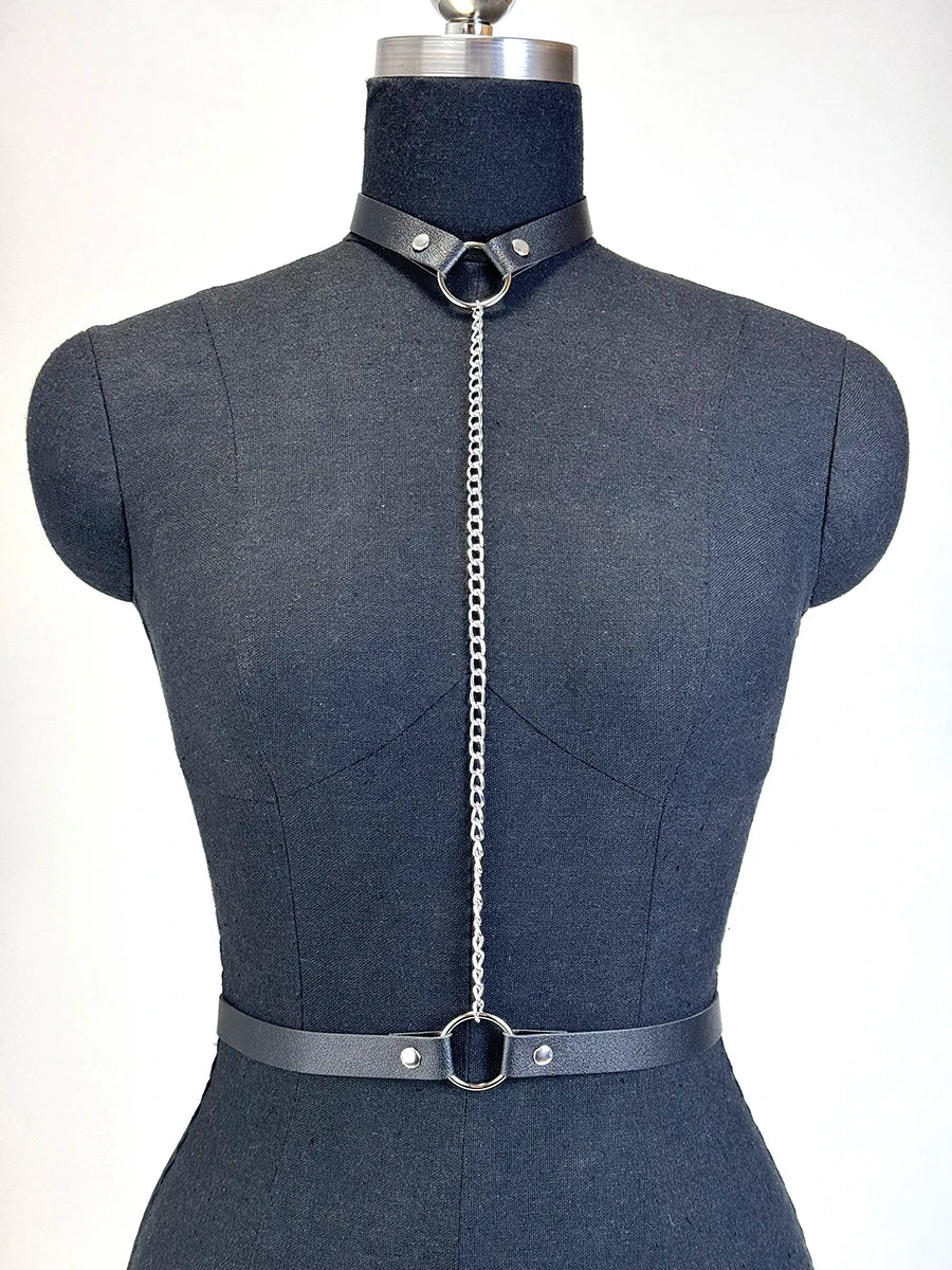 Women's Fashionable PU Leather Chain Harness Belt Edgy Punk Girl Outfit Statement Gothic Collocation Outerwear Accessories