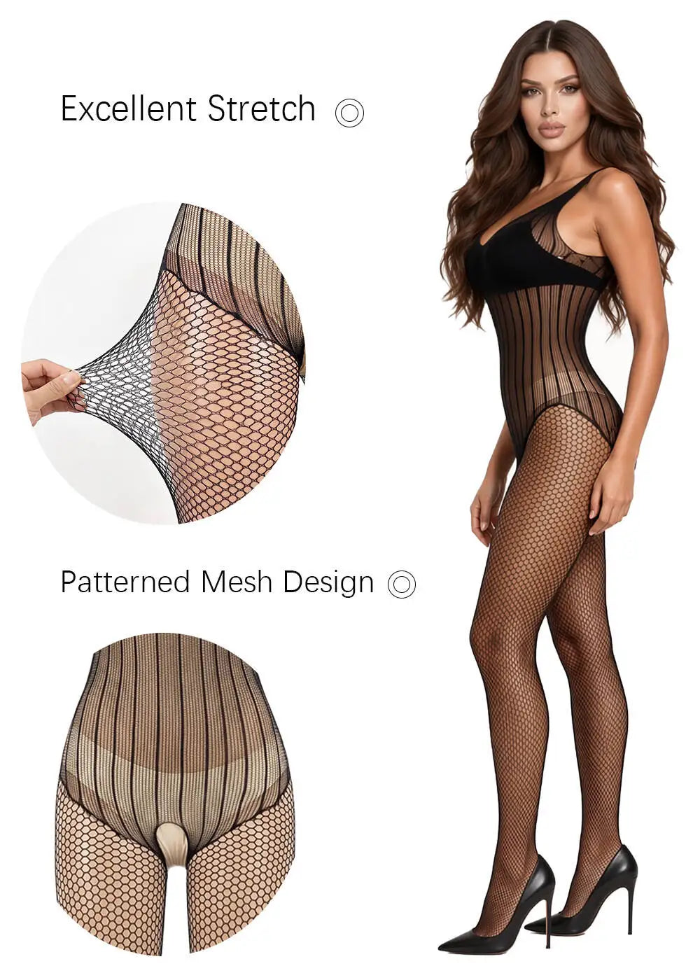 European American Lingerie Sexy Mesh Outfit Hollowed Out Mesh Through Vertical Sexy Mesh Fishnet Stripe Open Crotch One Piece