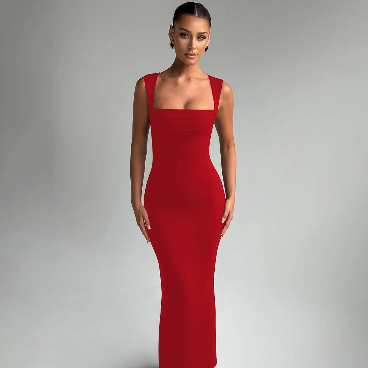 Hugcitar Women Elegant Solid Square Collar Straps Sexy Bodycon Maxi Prom Dress Summer Women Y2K Clothes Evening Party Birthday