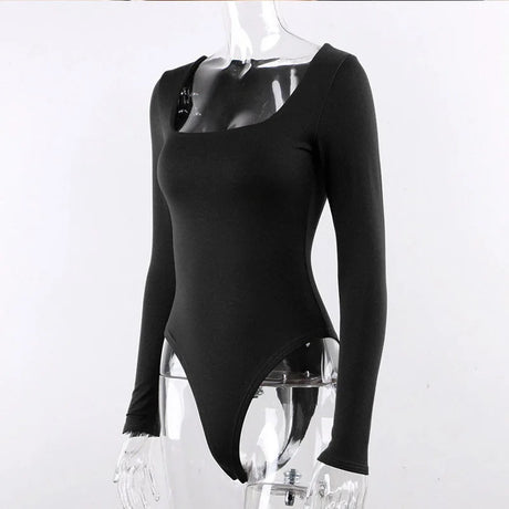 Long Sleeve Bodysuits Spring 2025 Square-Cut Collar Solid Bodycon Elastic Romper Sexy Y2k Women Clothing Fashion Club Party 2520