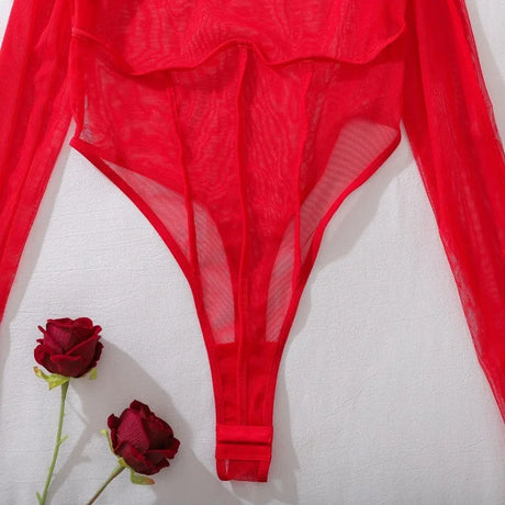 Red Exotic Bodysuits Tempted Fitting Lingeries Femme Ultra Hot Sexy See Through Mesh Splicing Crotchless Teddies Sissy Underwear