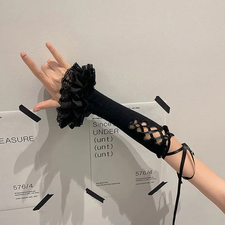 Women Lace Ruffle Arm Warmers Fingerless Gloves Tie-up Elbow Length Sleeves Y2K Aesthetic Kawaii Lolita Oversleeve Cuffs Covers