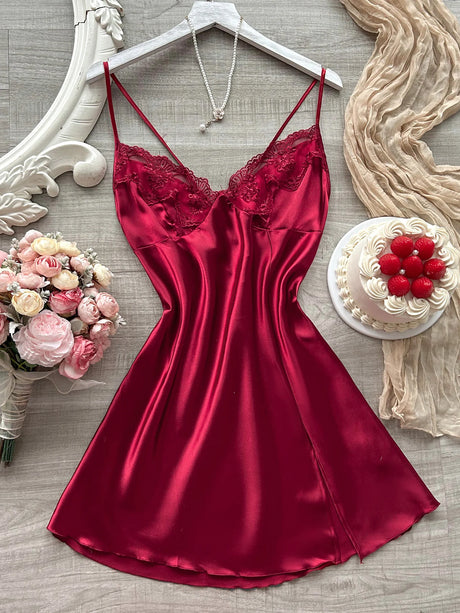 Women's Lace Patchwork Nightgown Sexy Sleepwear Fashionable Halter Dress V Neck Pajamas Solid Color Elegant Lady's Clothes