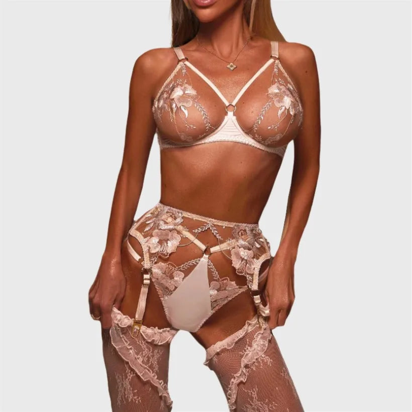 Ellolace Elegant Women's Lingerie Sets Premium Bra Belt Thong 3PC Stockings Cute Lace Floral Embroidered Champagne Romance Kit