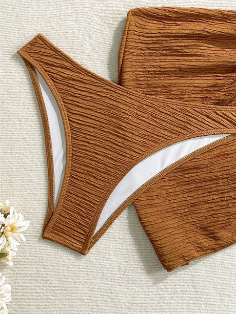 Metal Starfish Brown Bandeau Bikinis Sets 3 Pieces Sexy Swimsuit Cover Up Women 2026 Holiday Swimwear High Cut Bather Beach Wear