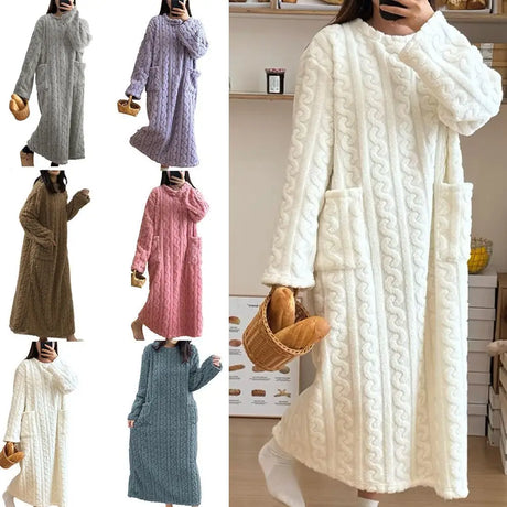 Winter Long Sleeve Double Pocket Flannel Nightgowns Women Loose Solid Sleepwear Jacquard Night Dress Thickened Warm Nightdress