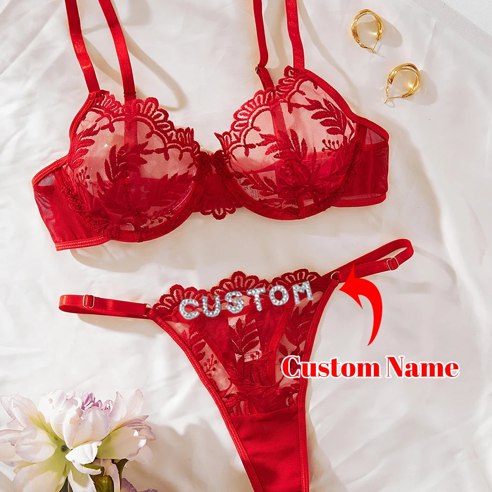 Personalized Thong with Name Embroidery Floral 2pc ingerie Set Custom Your Name Thong Sheer Bra Brief Underwear Anniversary Gift