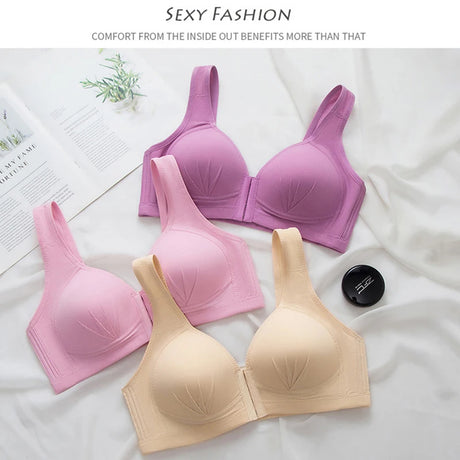Women's Bra Wire-Free Front Closure Solid Color Full Coverage Fixed Cups Push up Brassiere Gather Bra Shockproof Underwear