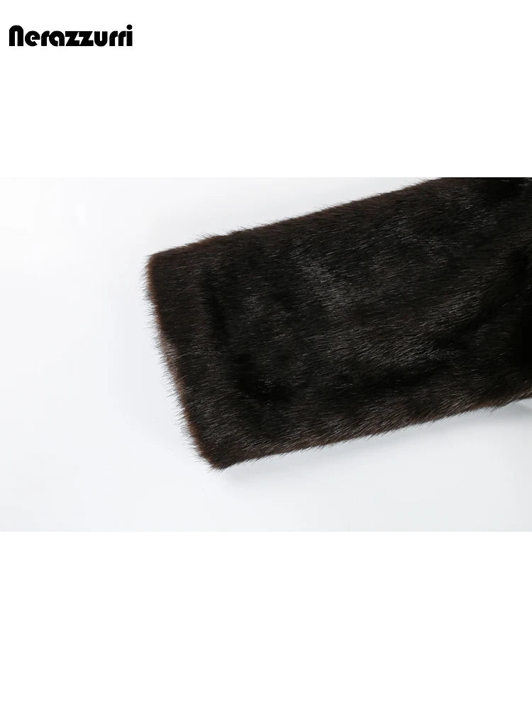 Nerazzurri Autumn Winter Extra Long Thick Warm Brown Fluffy Faux Mink Fur Coat Women Luxury Elegant Chic Furry Overcoat 2024
