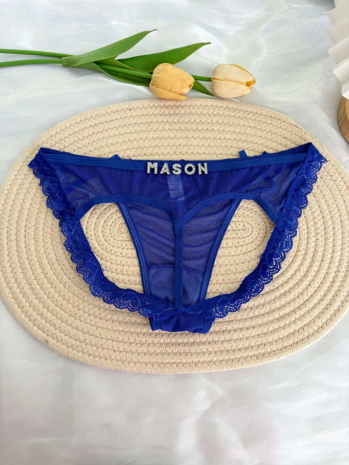 Custom Rhinestone Letter Name Underpants Sexy Mesh Panties Low Rise Hollow Hip Briefs Personalized Gift Wife Lover Anniversary