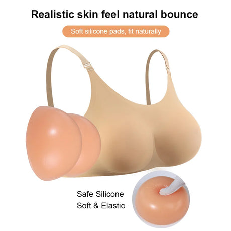 2024 Round Shape Silicone Fake Breast Forms Push Up Seamless One Piece Bra for Crossdresser Shemale Drag Queen Large 2 In 1