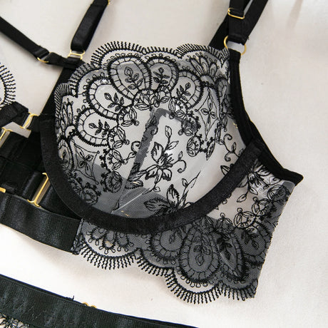 Krasapt Black Lace Embroidered Metal Buckle Sexy Lingerie Set Front Open See-through Lingerie 5Pcs Set Fancy Exotic Intimate Set