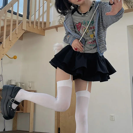 Women Suspender Wide-banded Velvet Tights Lolita Thin Thigh High Stockings with Garters Y2K JK College Style Over The Knee Socks