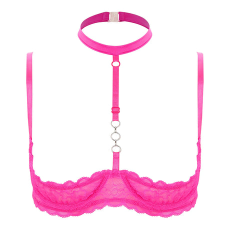 Womens 1/4 Cups Underwire Bra Halter Neck O Ring See Tthrough Lace Push Up Brassiere Sexy Lingerie Breast Open Bras Underwear