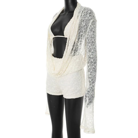 Women's Summer Solid Lace Cami Bra Cowl Neck Long Sleeve Top Shorts Set Fashion Casual Outfit Two Piece Set Women Sexy Club