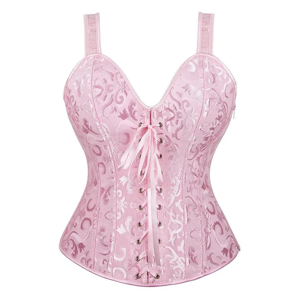 Gothic Corset Top With Straps Sexy Floral Zipper Brocade Overbust Lingerie Burlesque Body Shaper Lace Up Bustier Plus Size