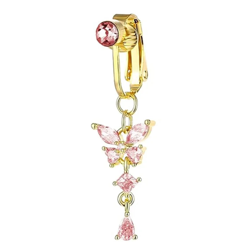 Clip On Belly Button Ring Butterfly Copper Zircon Pink Fake Belly Piercing Umbilical Navel Body Jewelry Trendy Fashion Style